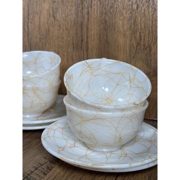 Vintage Hazel Atlas Milk Glass Butterscotch Spaghetti String Drizzle 6 Tea Cups - Picture 4 of 8
